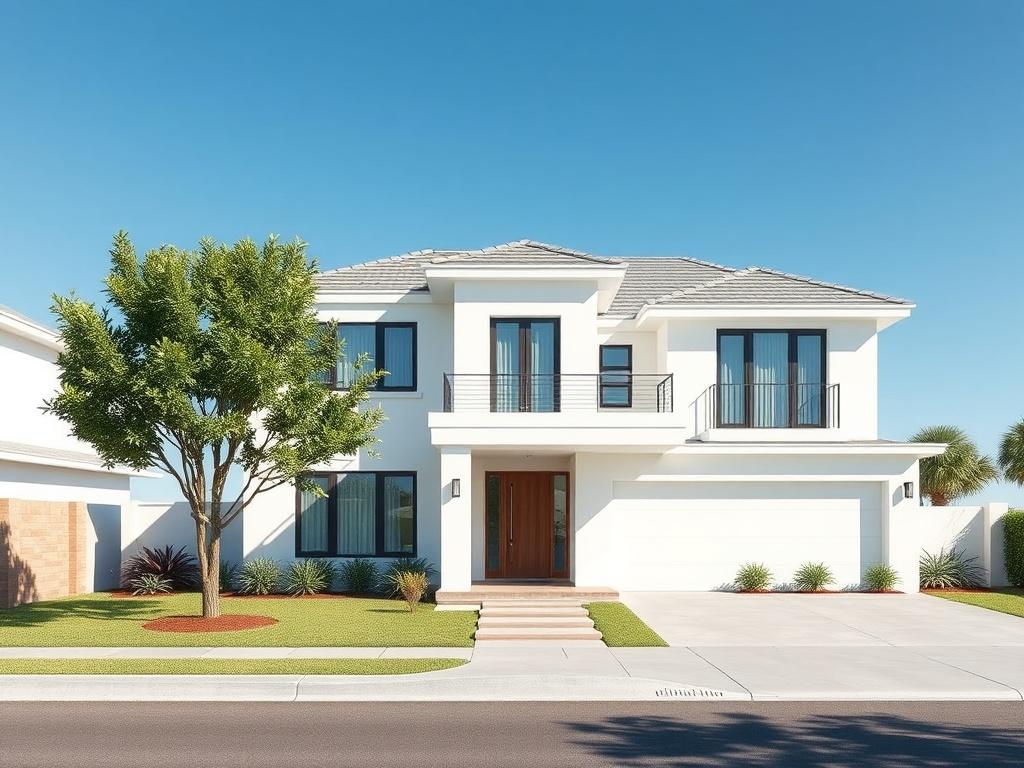 A clean and modern architectural rendering of a residential property,