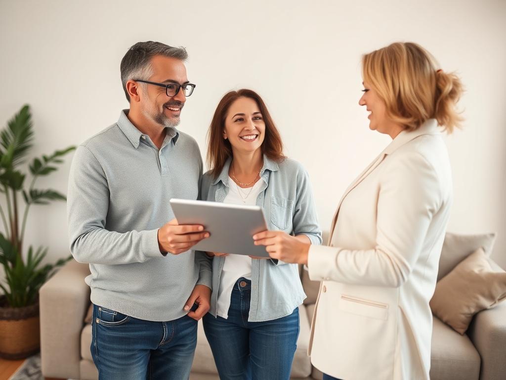 Create a realistic high-resolution photo that visually represents the concept of "Understanding Direct Cash Offers in Real Estate." The composition should be simple and clear, featuring a single subject: a confident homeowner engaging with an expert real estate agent. The agent is holding a tablet displaying a digital document, symbolizing a direct cash offer. 

The background should be a well-lit, modern living room, reflecting a warm and inviting atmosphere with minimalistic decor—neutral colors, house pl