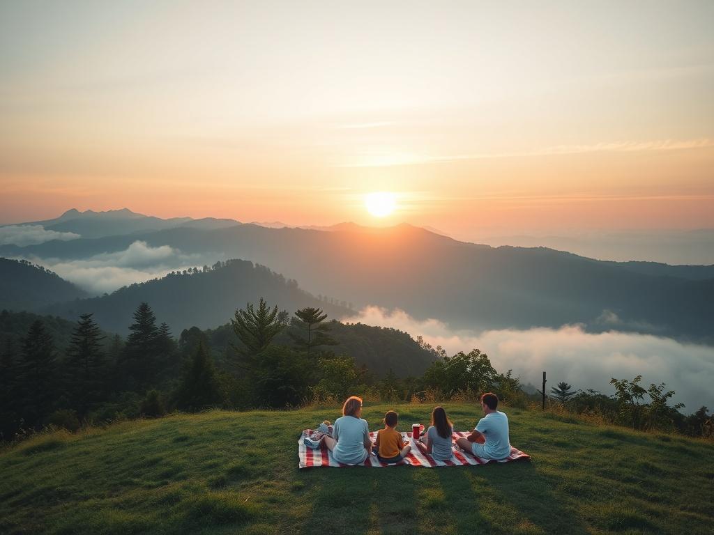 A serene landscape of Mount Salak during sunrise, showcasing lush