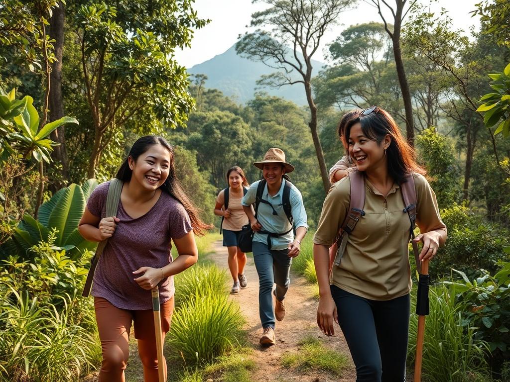 A joyful family hiking on a trail in Gunung Salak,