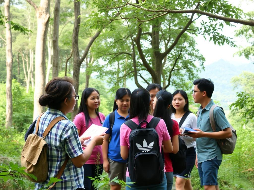 An educational outdoor tour in a vibrant forest setting, showcasing