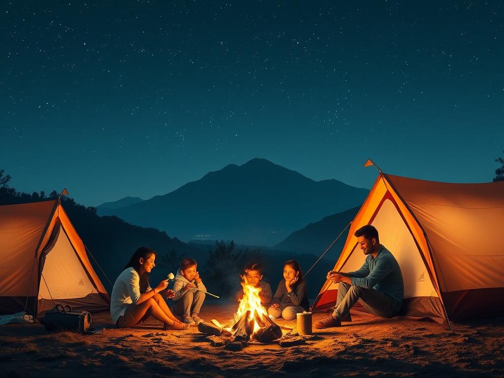A cozy family camping scene under a starry sky, with