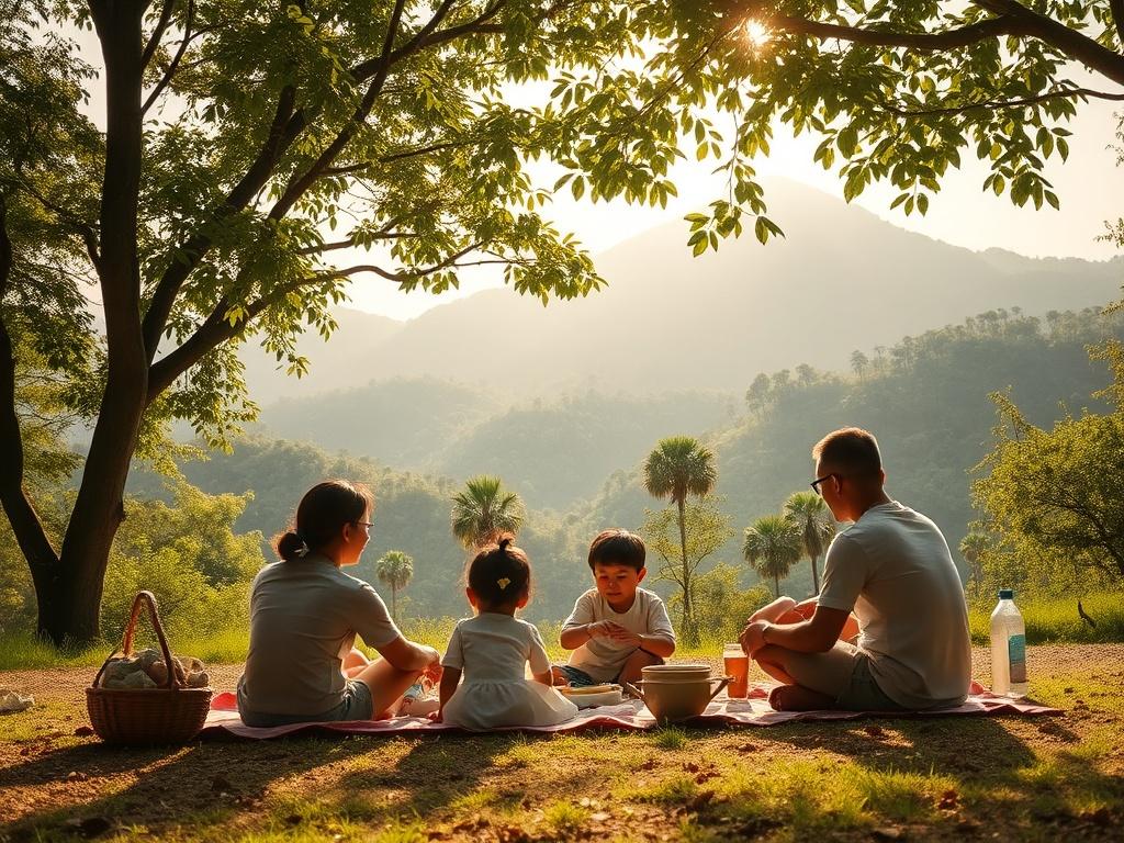 A serene family recreation scene in a lush green mountainous