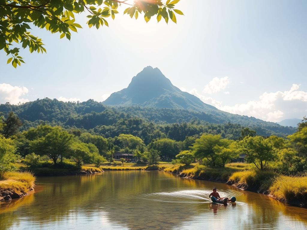 Create a high-resolution, realistic image capturing the serene beauty of Gunung Salak, with a focus on its lush greenery. The composition should feature a single majestic mountain peak rising in the background, adorned with vibrant green trees and gentle slopes. In the foreground, include a clear, tranquil stream or a small pond reflecting the mountain and sky, enhancing the peaceful atmosphere. 

Bright sunlight filters through the leaves, casting soft, dappled light on the water's surface, which adds to t