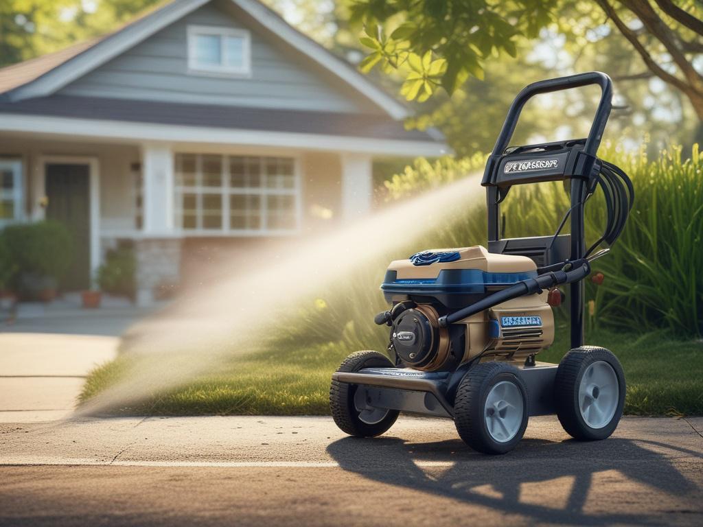 A powerful pressure washer in action, spraying water onto a
