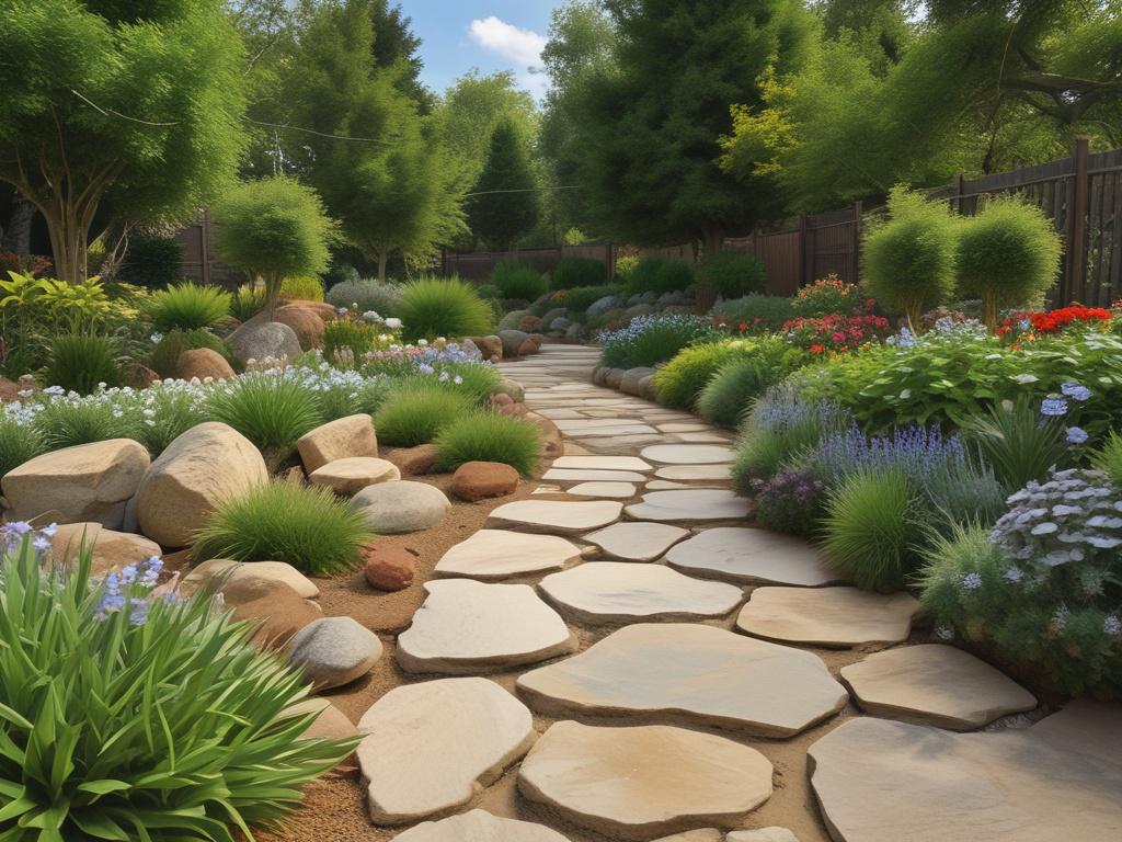 A stunningly landscaped garden featuring a variety of plants, flowers,