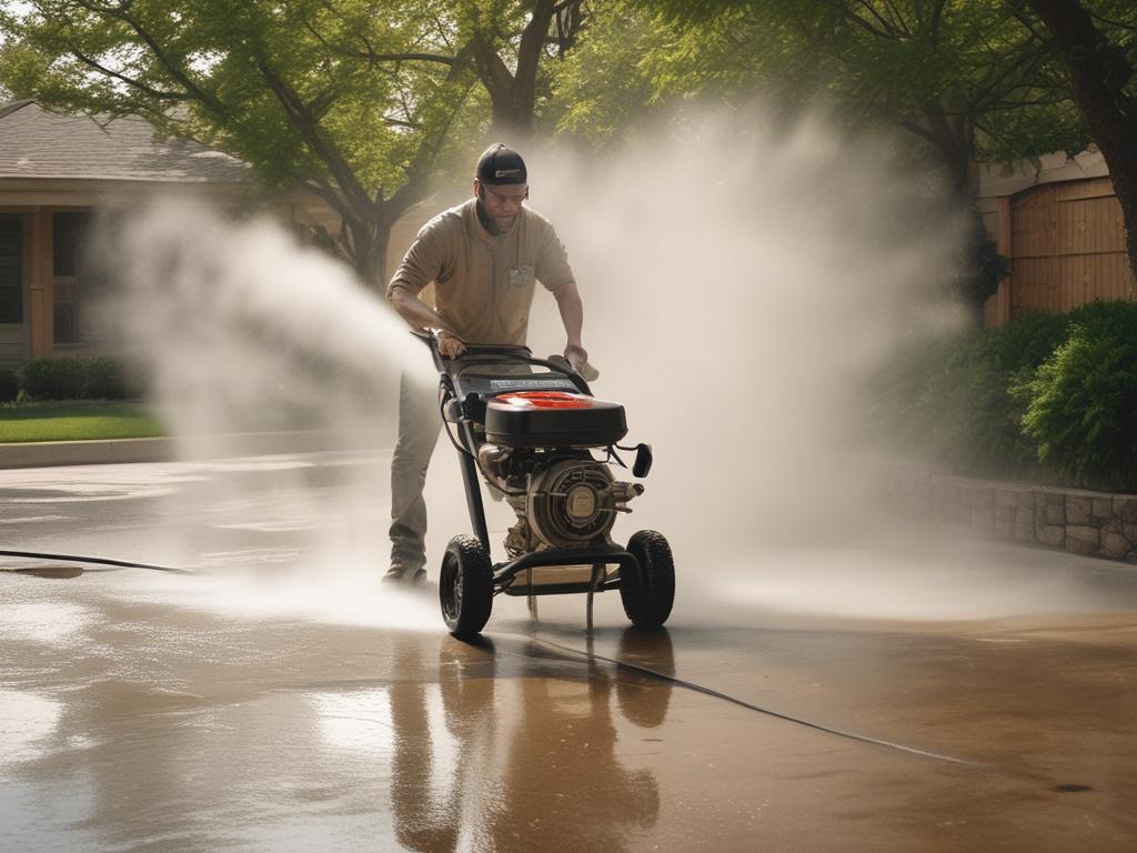 A realistic high-resolution photo of a pressure washing service in action, showcasing a technician using a pressure washer on a driveway. The image should capture the water spraying off dirt and grime, with a clear contrast between the clean and dirty sections. The background should include a well-kept yard, emphasizing a clean and vibrant outdoor space.