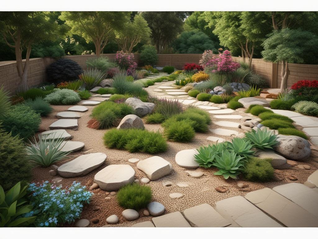 A realistic high-resolution photo of a beautifully landscaped garden featuring a variety of flowering plants and decorative rocks. The composition should include a winding path that invites viewers into the garden, with a serene atmosphere enhanced by natural lighting. Earthy textures and natural tones should dominate the scene, creating a harmonious outdoor space.