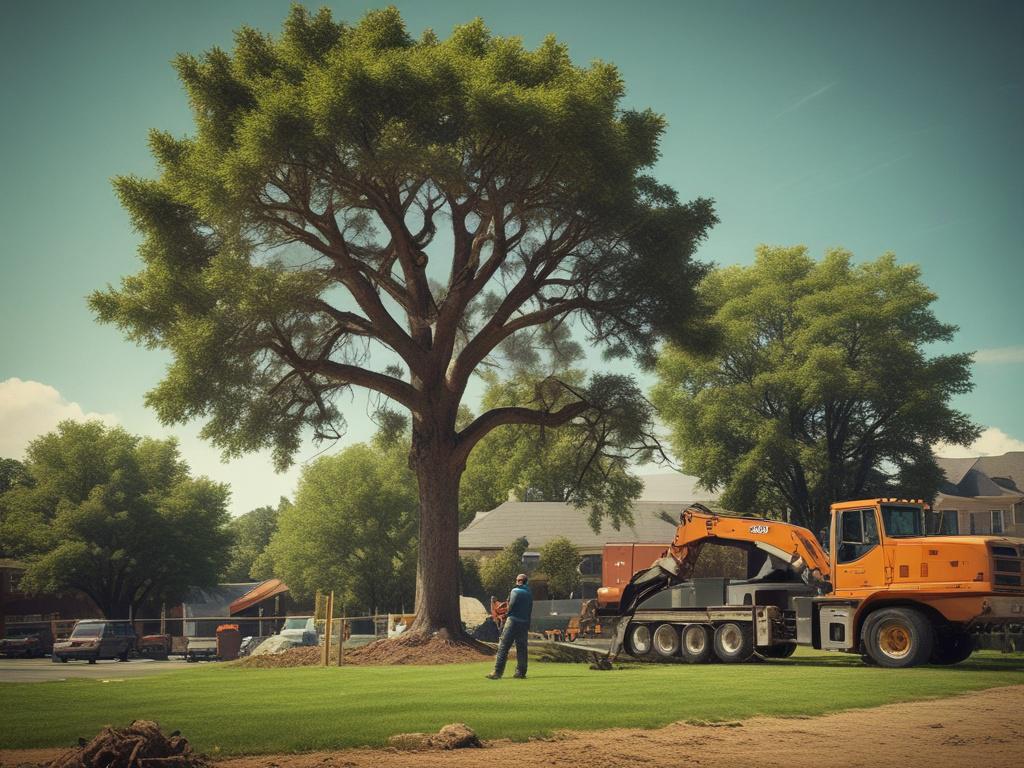 A realistic high-resolution photo of a professional tree removal crew in action, showcasing a large tree being cut down with safety equipment in use. The background features a well-maintained lawn and clear blue sky, emphasizing a clean and organized work environment. The image should reflect earthy textures and natural tones, focusing solely on the tree and crew without any text or abstract shapes.
