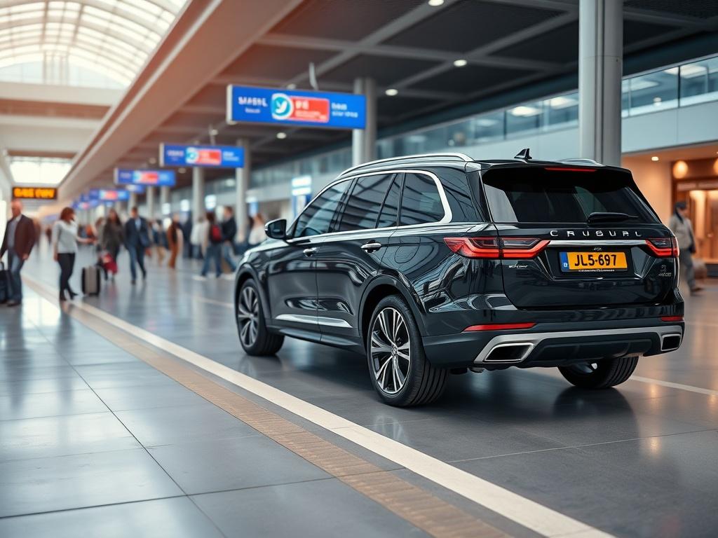 A luxurious black SUV parked at an airport drop off