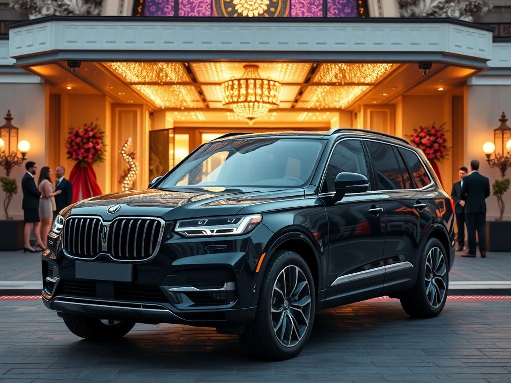 A black SUV elegantly parked outside a lavish event venue,