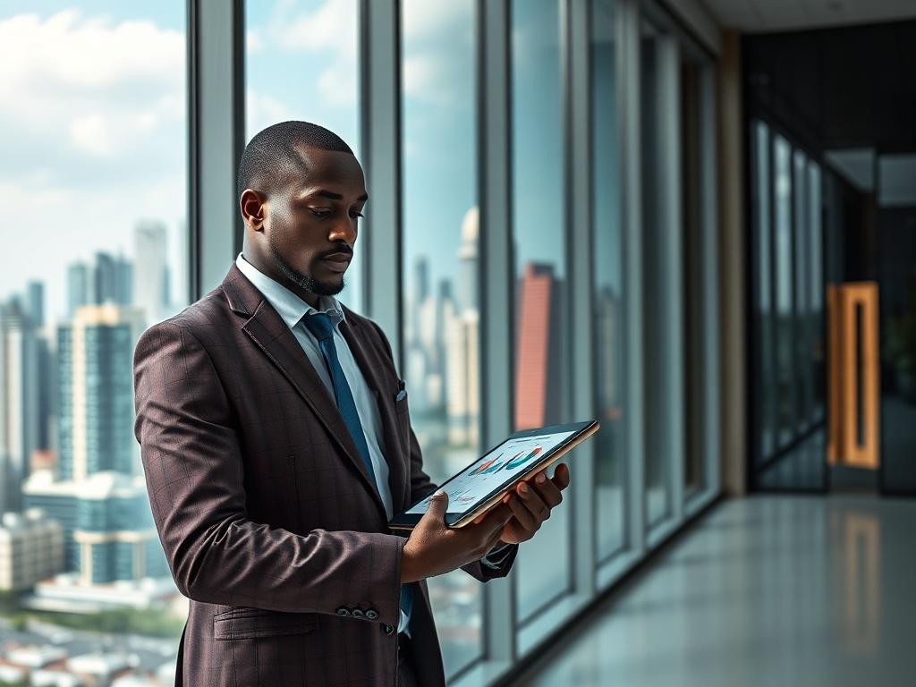 **AI Image Generator Prompt:**

Create a realistic high-resolution photo that embodies the theme "Understanding Market Trends in African Real Estate." The image should focus on a single subject: a confident, well-dressed African real estate consultant, standing in a modern office environment. The consultant should be portrayed in a thoughtful pose, examining a digital tablet displaying graphs and charts that reflect market trends. 

In the background, the office should feature large windows with a view of a