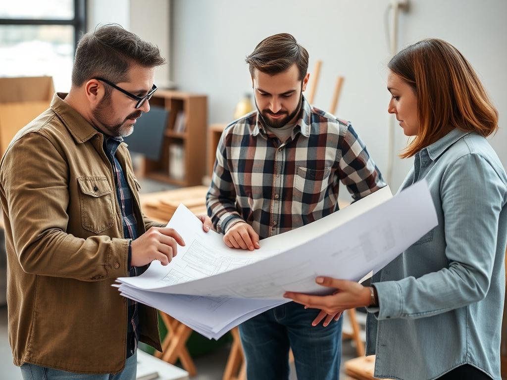 A close up shot of a construction expert examining blueprints