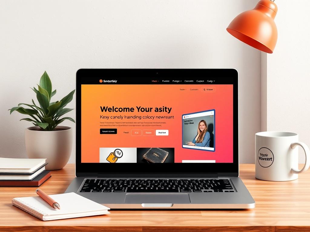 A realistic high-resolution photo showcasing a modern workspace featuring a laptop displaying a vibrant, professional website design. The background should be minimalistic, with clean lines and bright colors, reflecting a youthful and energetic vibe. Include elements like a notepad, a branded coffee mug, and a potted plant to create a welcoming environment. Ensure the overall composition is simple and focuses on the laptop as the central subject, highlighting the essential elements of a quick launch website