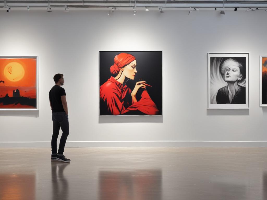 A captivating art exhibition space featuring a variety of artworks