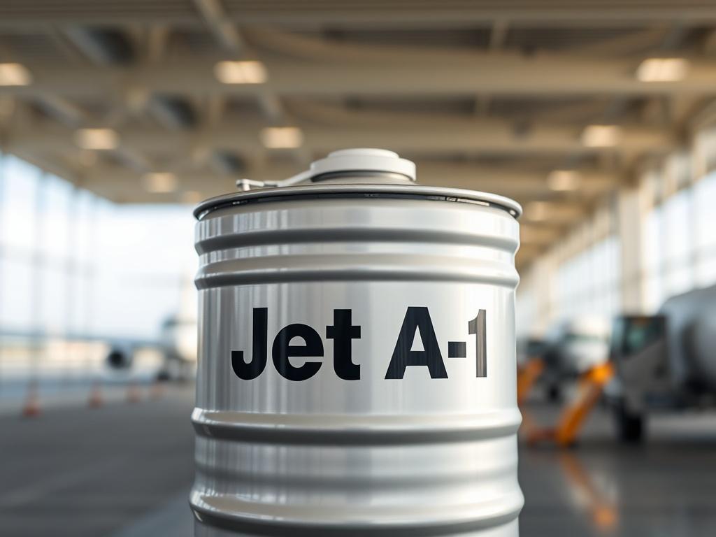 A high-resolution close-up shot of a Jet A-1 fuel container in an airport setting, showcasing its sleek design and branding. The background features a blurred view of an aircraft and runway, emphasizing its aviation use. The lighting is bright, highlighting the container's metallic surface, and the overall composition is clean and focused.
