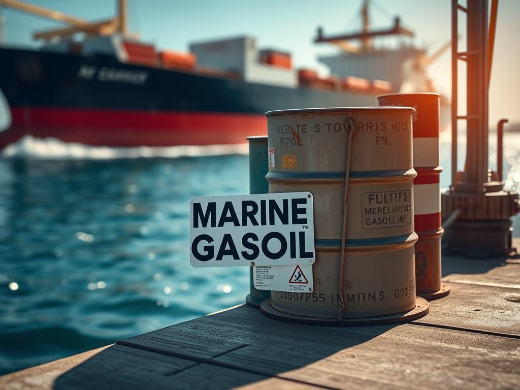 A realistic close-up of a Marine Gasoil container on a dock, with a ship in the background. The container is prominently displayed, with a focus on its labeling and design. The scene captures the essence of maritime operations, with sunlight glistening on the water's surface. The composition is clear and inviting.