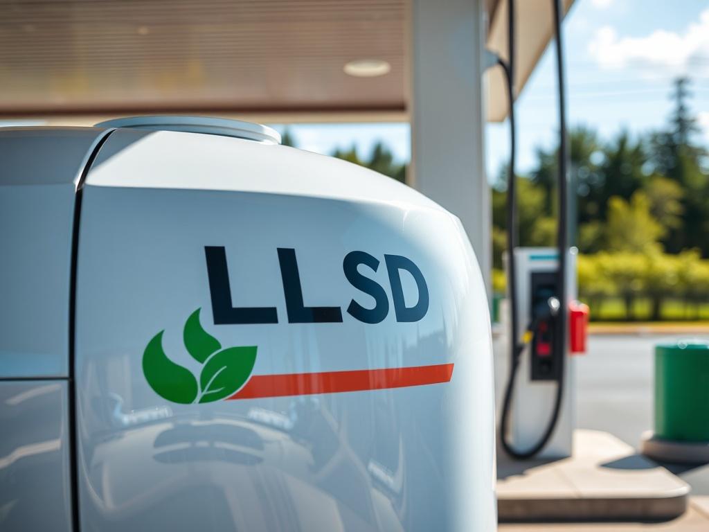 A high-resolution close-up of a ULSD fuel tank at a fueling station, highlighting its modern design and eco-friendly branding. The setting includes a view of clean, green surroundings, symbolizing sustainability. The lighting is bright, capturing the essence of clean energy, with a focus on the tank and its features.