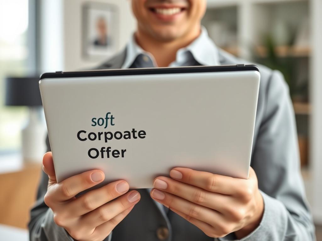 A close-up shot of a professional business person holding a tablet displaying a digital document titled 'Soft Corporate Offer'. The background should be clean and modern, with hints of office decor and soft natural light, conveying a sense of professionalism and approachability.