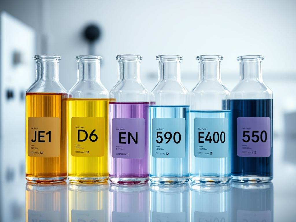 A close-up shot of a high-quality fuel sample, specifically Jet A1, D6, EN590, and gasoline, in transparent glass containers. Each container is labeled clearly with the fuel type. The setting is a clean, professional laboratory with subtle reflections on the glass, showcasing the purity and quality of the products. The background is simple and unobtrusive, emphasizing the focus on the fuel samples, with natural lighting to enhance the colors and details of the liquids.