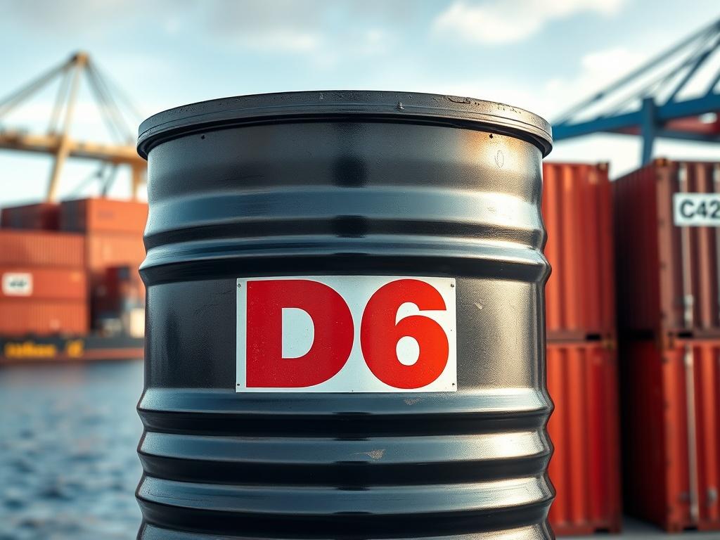 A hyper-realistic close-up of a large oil drum labeled D6 fuel, with a backdrop of shipping containers and a harbor, showcasing the application of fuel oil in maritime operations.