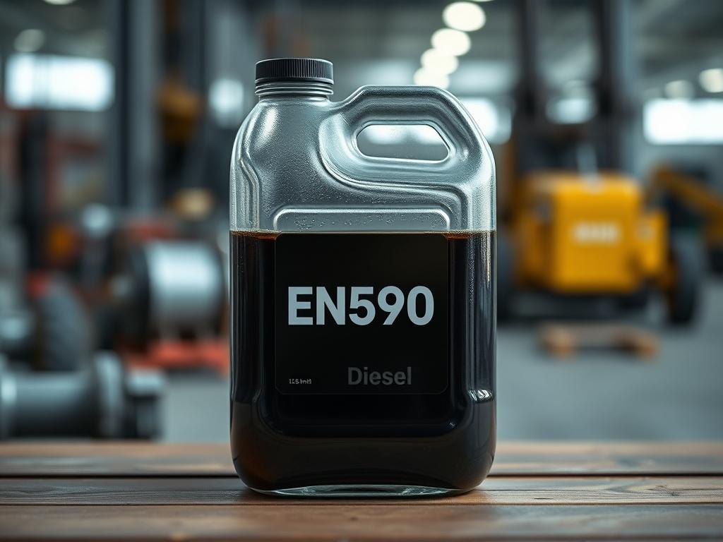 A close-up shot of a clear glass fuel container filled with EN590 diesel, placed on a wooden surface. The background should be softly blurred, showcasing an industrial setting with machinery in the distance, emphasizing the fuel's use in heavy-duty applications.