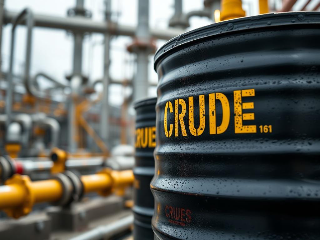 A close-up shot of a crude oil barrel in a refinery setting, with pipelines and industrial equipment blurred in the background, emphasizing the crude oil supply chain.