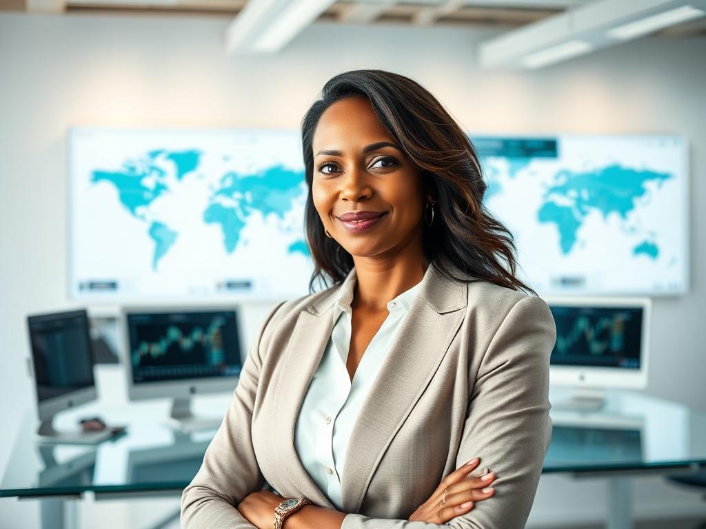 A professional portrait of Janeve Pierce, the founder of JP International, standing confidently in a modern office environment. The background features a sleek desk with trading charts and global maps displayed prominently. The lighting is bright and inviting, showcasing a sense of professionalism and success. The color scheme incorporates shades of teal and white, reflecting the company's branding.