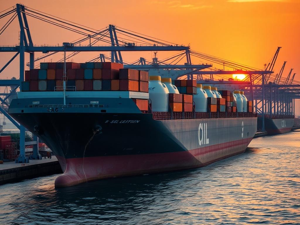 A hyper-realistic close-up shot of a large cargo ship loaded with fuel containers at a bustling port during sunset, showcasing the professionalism and logistics of oil trade.