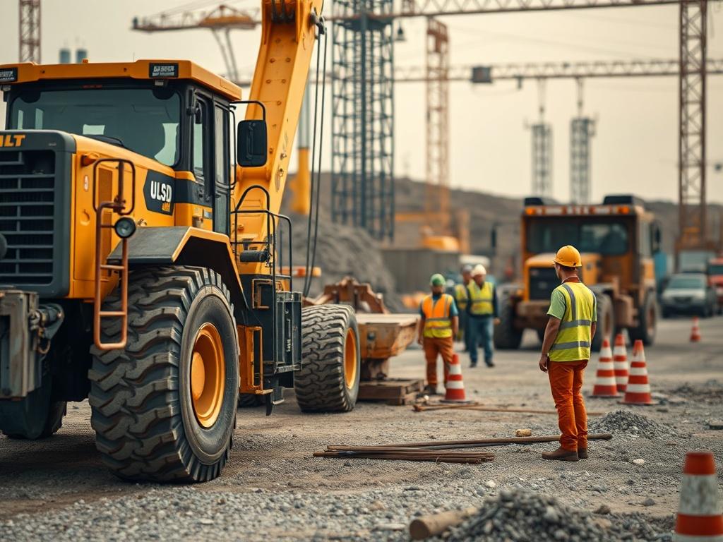 A hyper-realistic close-up shot of a construction site with heavy machinery and workers, showcasing the use of ULSD fuel and emphasizing sustainability in energy.