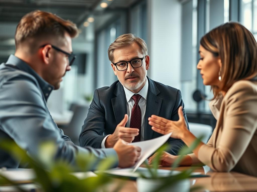 A hyper-realistic close-up shot of a professional consultant discussing strategies with a team in an office setting, emphasizing collaboration and expertise.