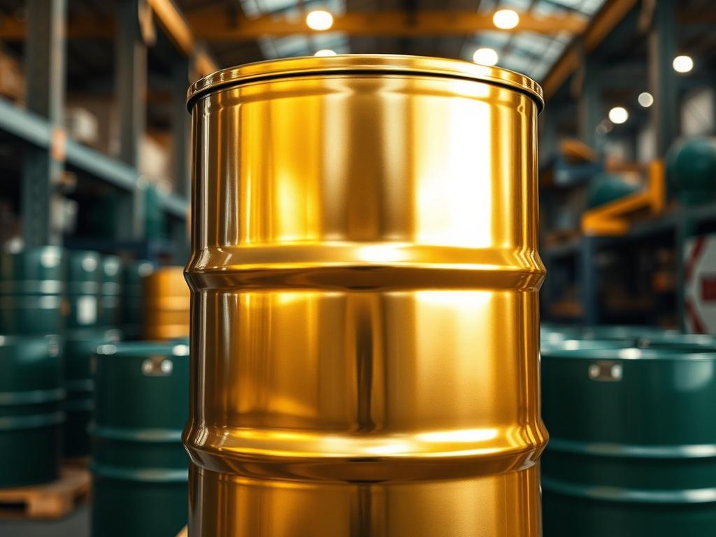 Create a highly realistic, high-resolution close-up image that embodies the theme of a blog titled "Market Trends in Oil Trading." The composition should be simple and clear, featuring a single subject: a gleaming, freshly filled oil barrel prominently placed in the foreground. The barrel should exhibit rich metallic hues with reflection, showcasing its polished surface which emits a sense of innovation and progress in the oil trading market.

In the background, depict a blurred warehouse setting with subtl