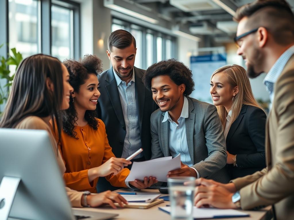 A professional environment showcasing a diverse team collaborating in an office setting, with a focus on individuals engaged in discussion and teamwork. The composition should highlight a modern office space with natural light, emphasizing inclusivity and innovation. The image should reflect a sense of professionalism and camaraderie, with individuals of various ethnicities working together, dressed in business casual attire, surrounded by technology and trade-related materials.