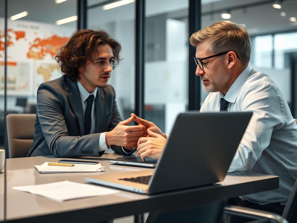 A close-up shot of a consultant engaging with a client in a meeting room, discussing trade strategies. The setting should be professional, featuring a modern conference table and trade-related visual aids in the background. The consultant and client should appear focused and collaborative, with an open laptop displaying trade data. The image should portray a sense of professionalism, trust, and a strategic partnership, emphasizing the importance of consulting in enhancing trade practices.