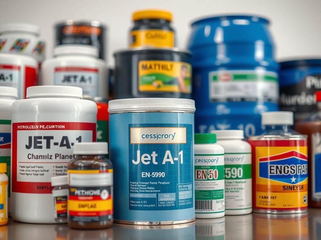 A visually appealing close-up of various petroleum products displayed in a well-organized setting, highlighting the diversity of the offerings. The image should feature containers or samples of Jet A-1, EN590, and other products, with clear labels and a clean background. The focus should be on the quality and variety of commodities available, creating a professional and informative atmosphere that reflects the company's commitment to excellence in the petroleum market.