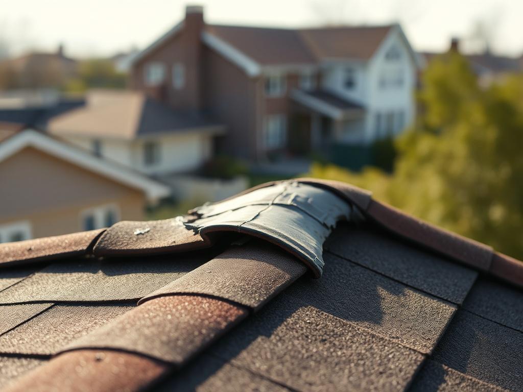 Create a realistic high-resolution photo that captures the essence of roofing issues in New York. The composition should feature a single, close-up subject: a damaged roof shingle that clearly illustrates wear and tear. The shingle should showcase various signs of failure, such as cracks, curling edges, and discoloration, to emphasize the problems caused by weather, poor installations, and low-quality materials.

The background should be softly blurred, suggesting the atmosphere of a suburban New York neigh
