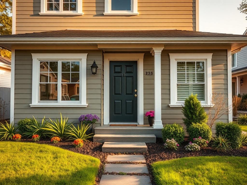 Create a highly realistic, high-resolution image that captures the essence of home renovation, focusing specifically on exterior upgrades. The composition should highlight a beautifully renovated home façade as the single subject of the image, showcasing a modern and inviting entrance. 

The home should feature fresh, vibrant siding in a classic shade, decorative trim that enhances the overall aesthetic, and energy-efficient windows that reflect sunlight beautifully. Surround the home with well-maintained l