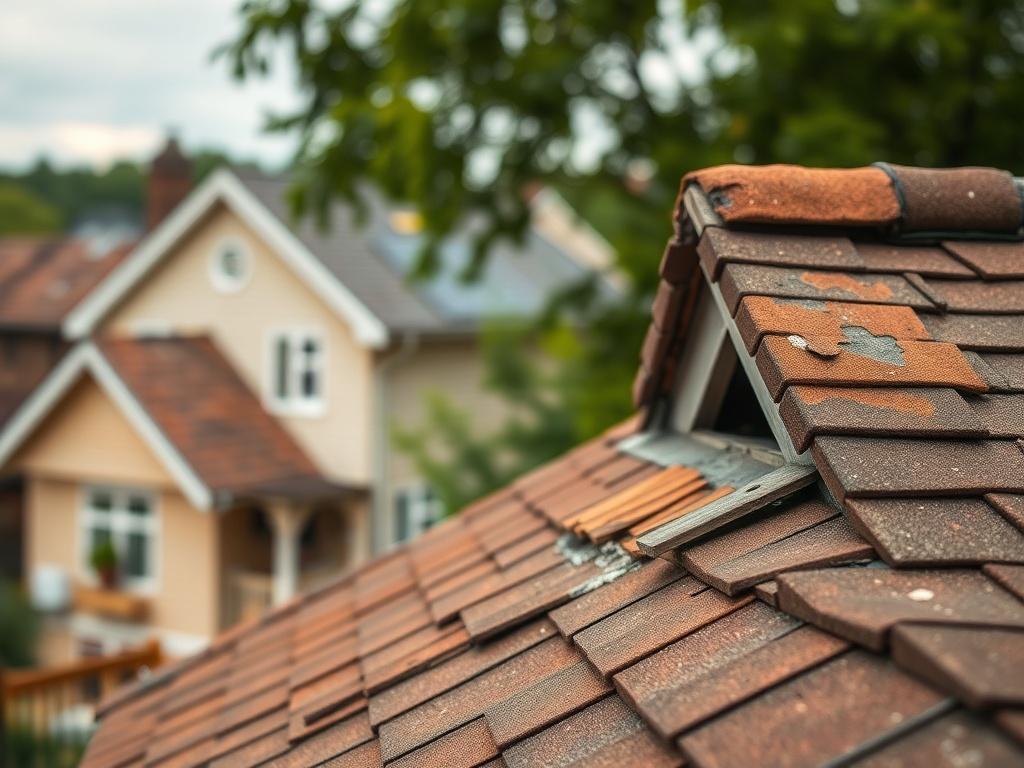 Create a realistic high-resolution photo of a deteriorating roof that illustrates the concept of knowing when repairs are no longer practical and replacement is necessary. The composition should focus on a single, worn-out section of a residential roof in the foreground to clearly emphasize its poor condition. Capture close-up details such as missing shingles, visible cracks, and signs of water damage, illustrating the roof's desperate need for replacement.

In the background, include a blurred view of a qu