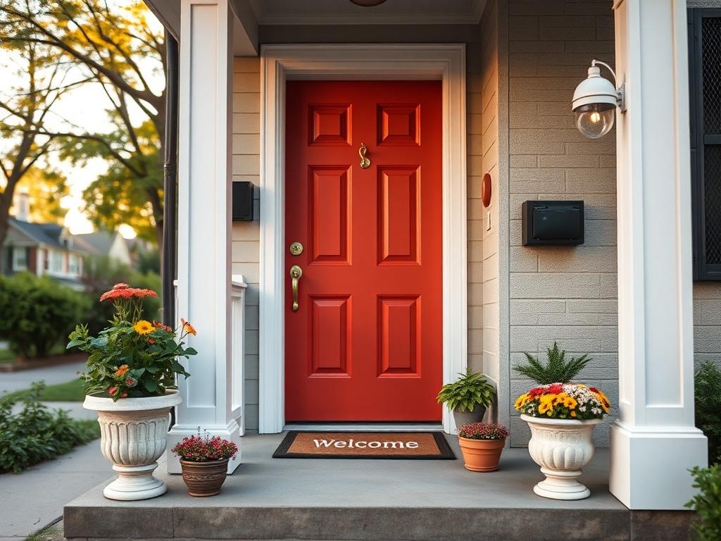 Create a realistic high-resolution image that captures the essence of enhancing curb appeal for a home in a New York neighborhood. The composition should be simple and clear, focusing on a well-maintained front porch as the central subject. 

The porch should feature inviting elements, such as a freshly painted front door in a vibrant color, neatly arranged potted plants with colorful flowers on either side, and a cozy welcome mat. Ensure that the door hardware, like the doorknob and house numbers, looks po