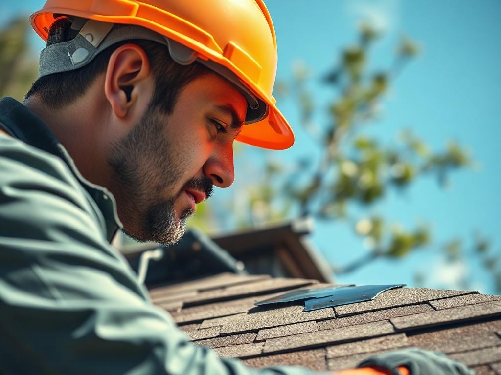 Create a realistic high-resolution photo featuring a close-up shot of a roofing professional inspecting a residential roof for damage. The subject should be a focused, engaged contractor, wearing a safety helmet and work gloves, closely examining a small leak area on the roof. The roof should be made of shingles, illustrating signs of wear with a subtle shimmer of moisture indicating the leak. 

Make sure the background consists of a clear blue sky and some tree foliage, keeping it soft and slightly blurred