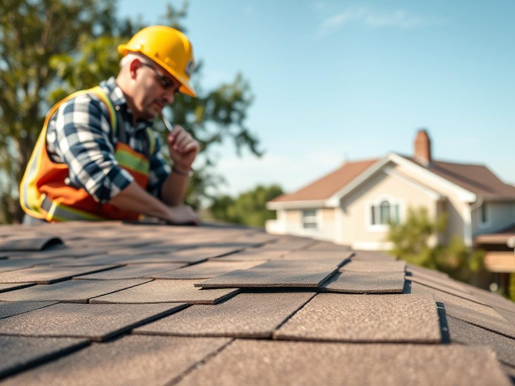 Create a realistic high-resolution photo that captures the essence of a roof installation scene focused on common mistakes observed in Passaic County homes. The composition should be simple and clear with one main subject: a professional contractor inspecting a partially completed roof. The contractor, dressed in safety gear including a hard hat and a tool belt, should be thoughtfully examining the roof to emphasize attention to detail and quality workmanship.

In the foreground, highlight the roof structur