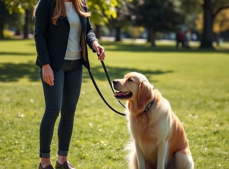 Professional dog trainer working with a dog and owner