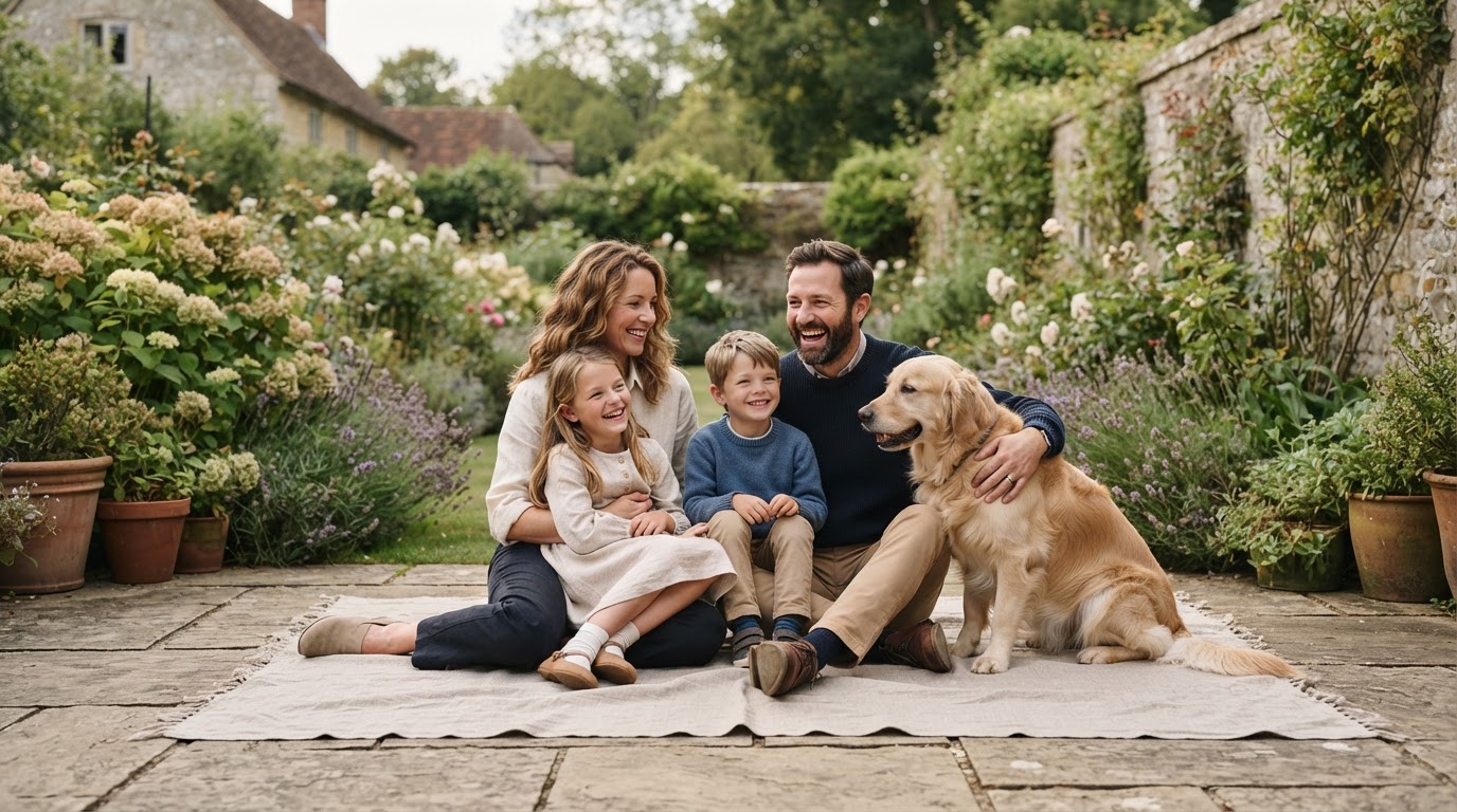 A happy family gathered with their dog in a peaceful Kent garden
