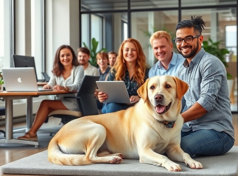 Dog-friendly office with employees and trained dog working together