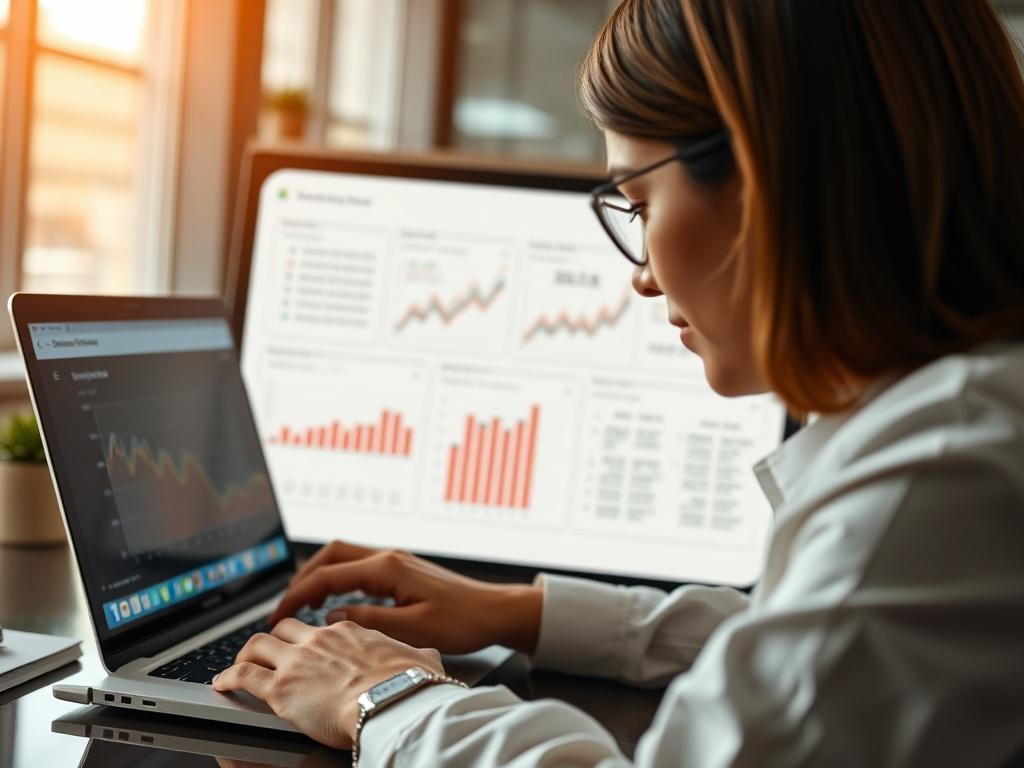 A hyper-realistic close-up of a business professional engaging with administrative software on a sleek laptop. The background features a modern office environment with soft lighting, emphasizing a productive atmosphere. The focus should be on the screen displaying the software interface, showcasing graphs and data analytics, with a warm color palette that complements the rgb(122, 86, 4) primary color.