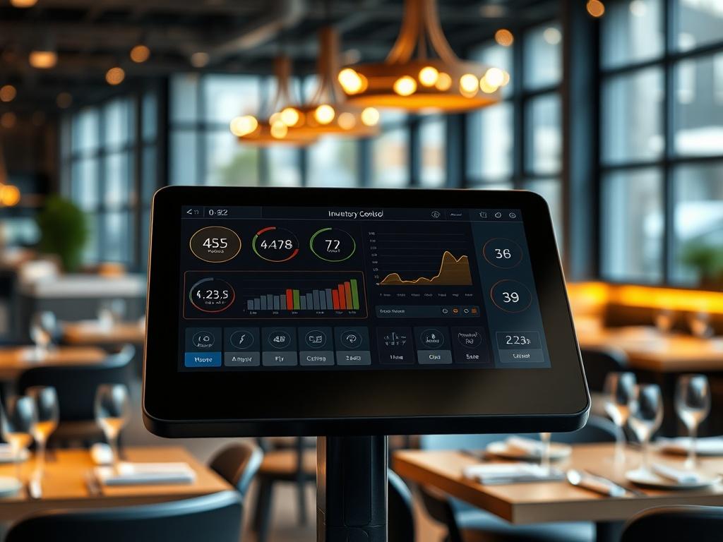 A high-resolution close-up shot of a modern food and beverage control system interface, designed for restaurants. The image should feature a sleek touchscreen display with intuitive icons and graphs illustrating inventory levels and sales data. The background should be softly blurred, showcasing a stylish restaurant environment with tables and soft lighting, creating an inviting atmosphere. The product should be the central focus, demonstrating its usability and advanced technology.