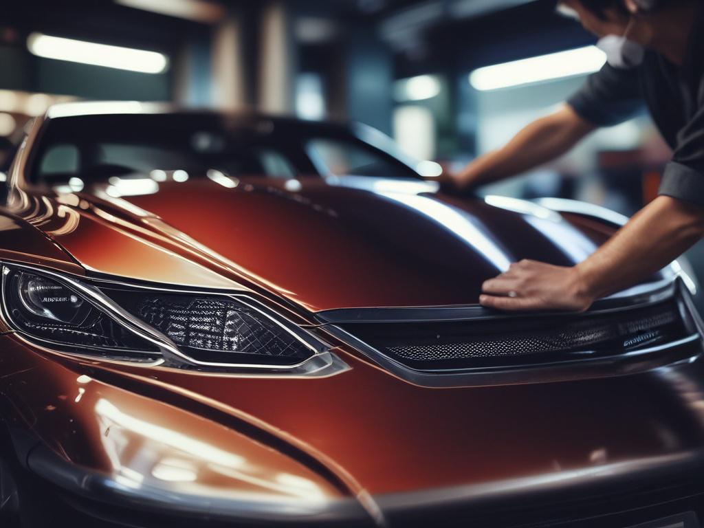 A close-up shot of a gleaming car hood being polished by a technician using a polishing machine, showcasing the reflection of the surrounding environment. The background should be blurred to emphasize the car's shine and detail. The image should capture the moment of transformation, highlighting the technician's focus and expertise. Use high-resolution quality, shot with a 45mm f/1.2 lens style, and ensure the colors are vibrant and compatible with the primary color rgb(2, 86, 197).