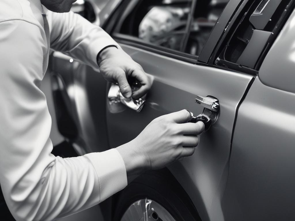 A close-up shot of a technician skillfully performing a SMART repair on a car door, focusing on a minor scratch being expertly blended with surrounding paintwork. The background should be a clean, well-lit workshop environment, showcasing the tools and equipment used in the repair process. The image should capture the technician's focused expression and the intricate details of the repair work, with a shallow depth of field to emphasize the subject.