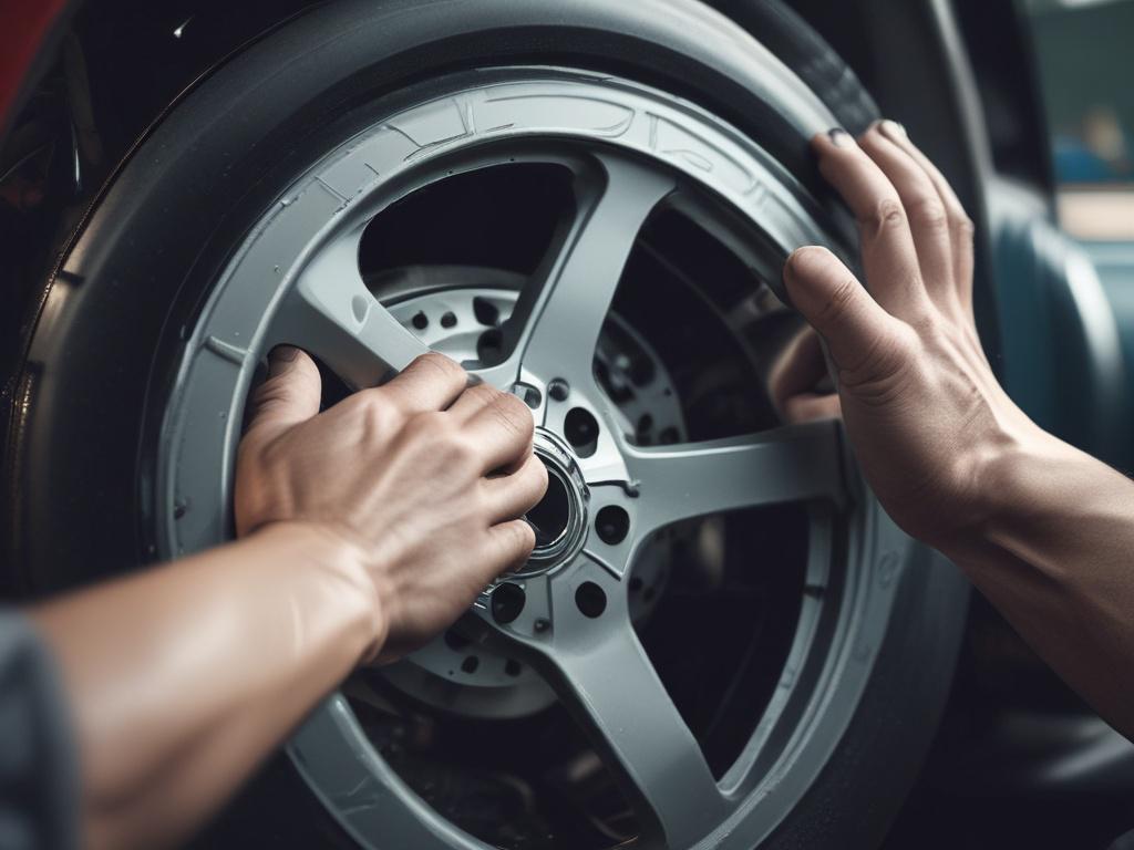 Capture a hyper-realistic close-up shot of a mechanic's hands working on a vehicle's wheel, focusing on the intricate details of the wheel and tire. The background should be softly blurred to highlight the technician's focused expression and the tools being used. Ensure the image showcases the vibrant blue color (rgb(2, 86, 197)) subtly within the workshop environment, creating a professional and inviting atmosphere.