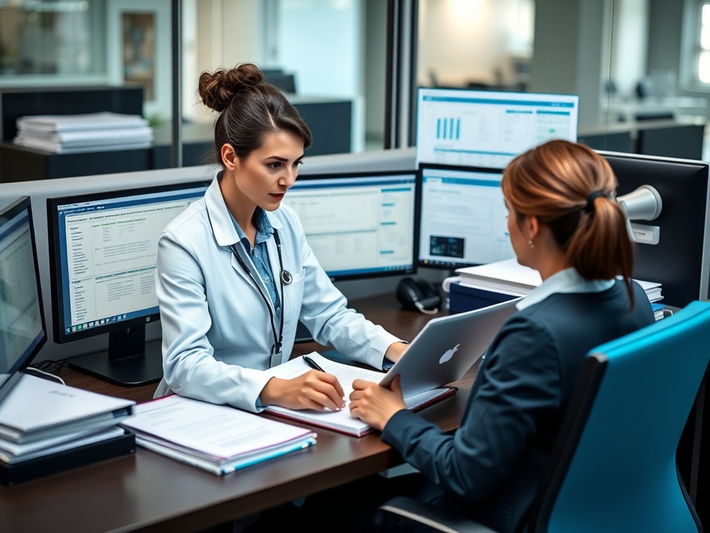Healthcare administrative worker reviewing claims documentation with organized workflow for claims submission management